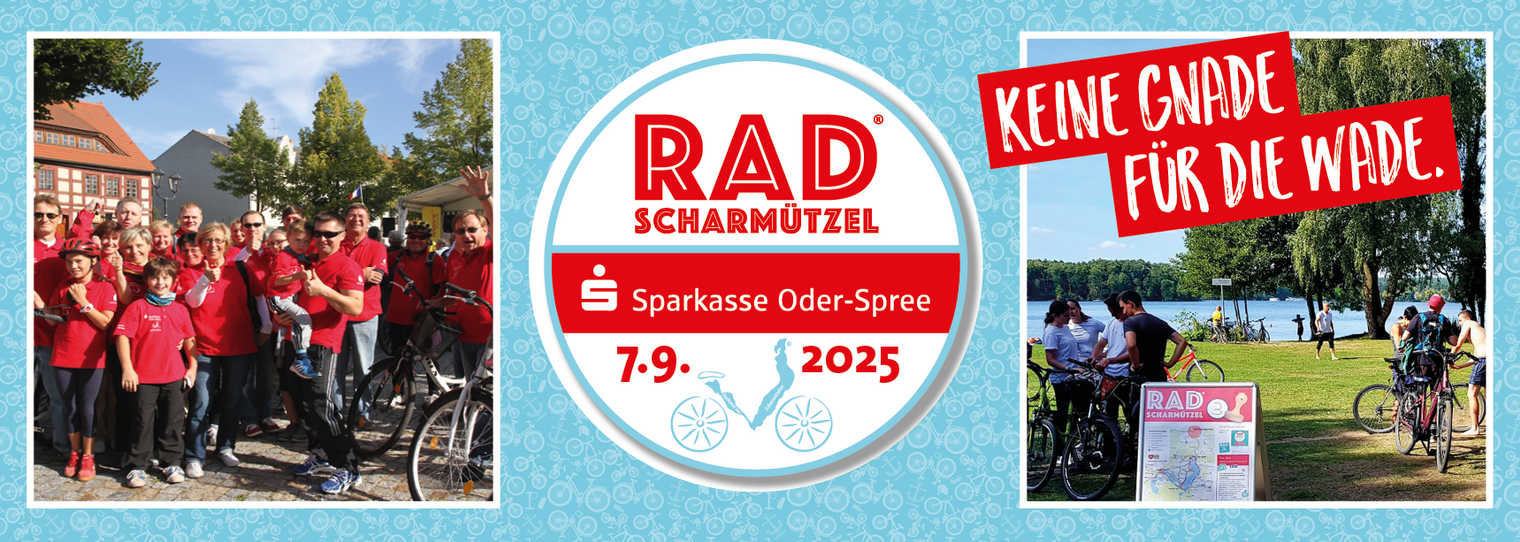 Banner vom Rad Scharmützel mit einem Teamfoto der Sparkasse und Jugendliche machen eine Pause am See 